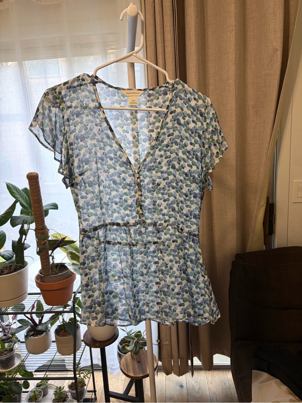 Club Monaco Blue and Green Floral V-Neck Flutter-Sleeve Blouse